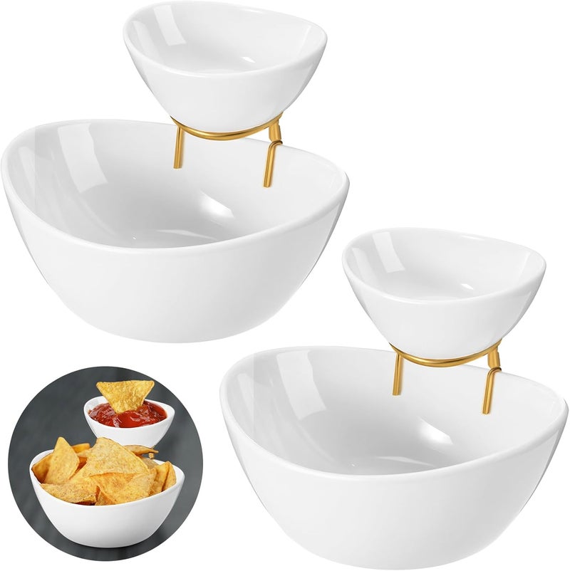 Singhoow 2 Set Chip and Dip Serving Set 2 Tier Chip and Dip Serving Dish Porcelain Appetizer Bowl and Platter with Stand for Food Taco Bar Salad Display Dessert Entertaining Party(Gold,Classic Style) - Image 1
